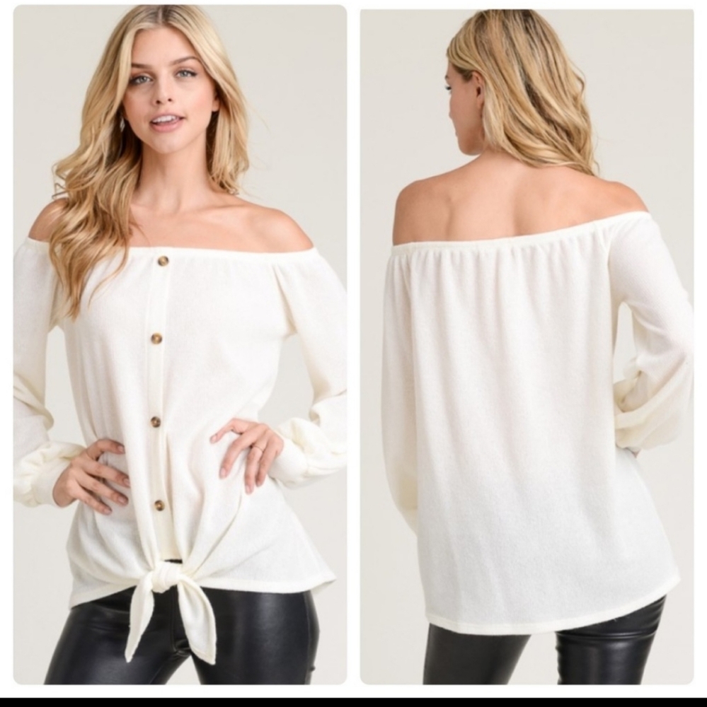 Off shoulder button front top